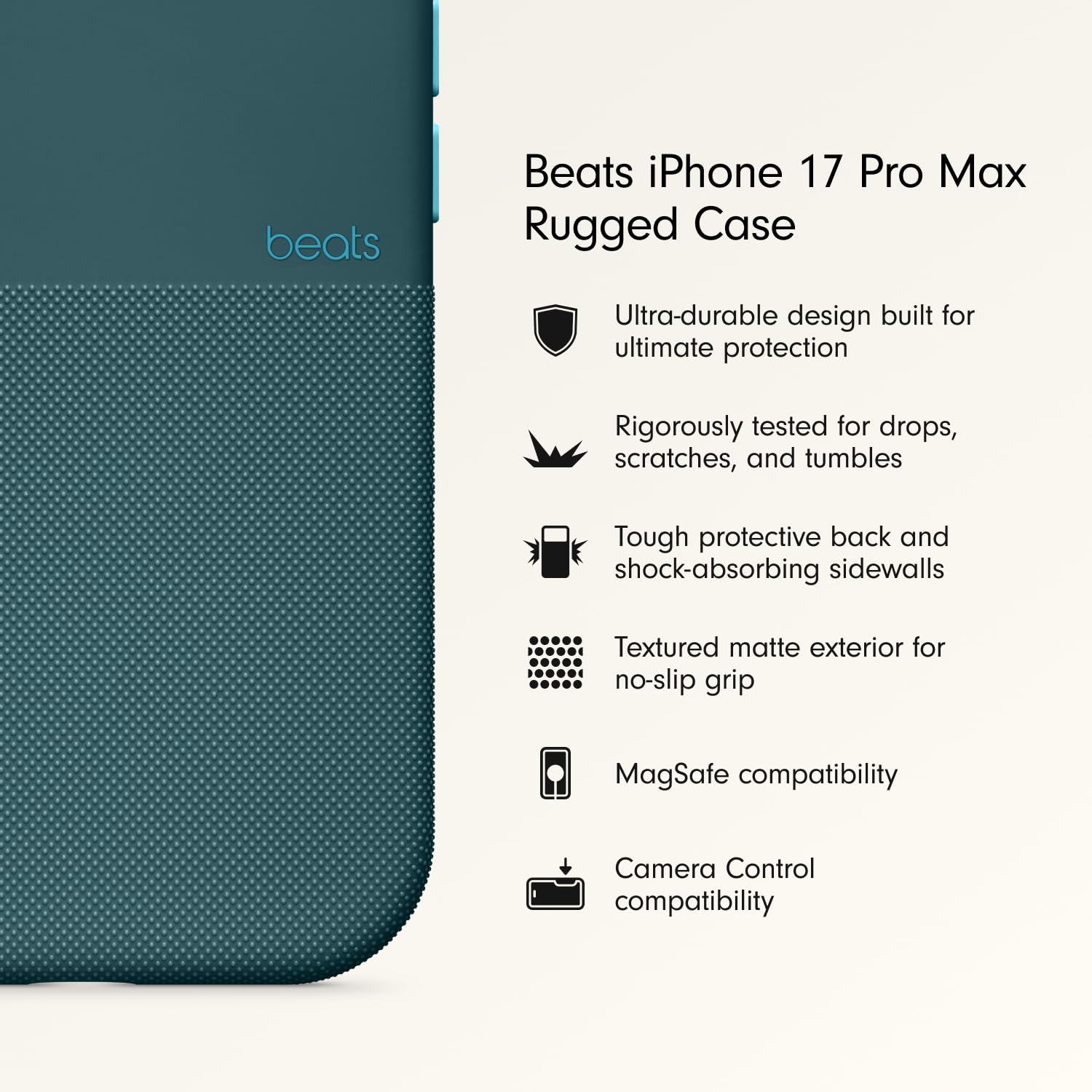 Beats iPhone 17 Pro Max Rugged Case with MagSafe & Camera Control, Scratch & Drop Tested, Matte Texture with Microfibre Lining - Rocky Blue