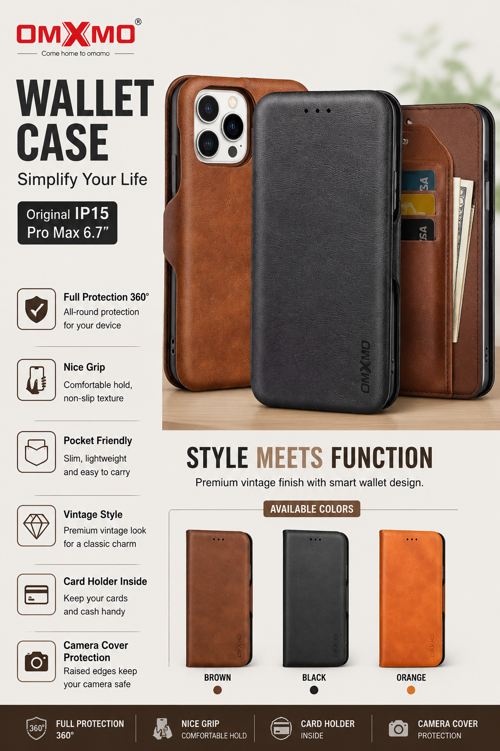 Vintage Leather Wallet Case for iPhone – 360° Protection & Card Holder | Nexora